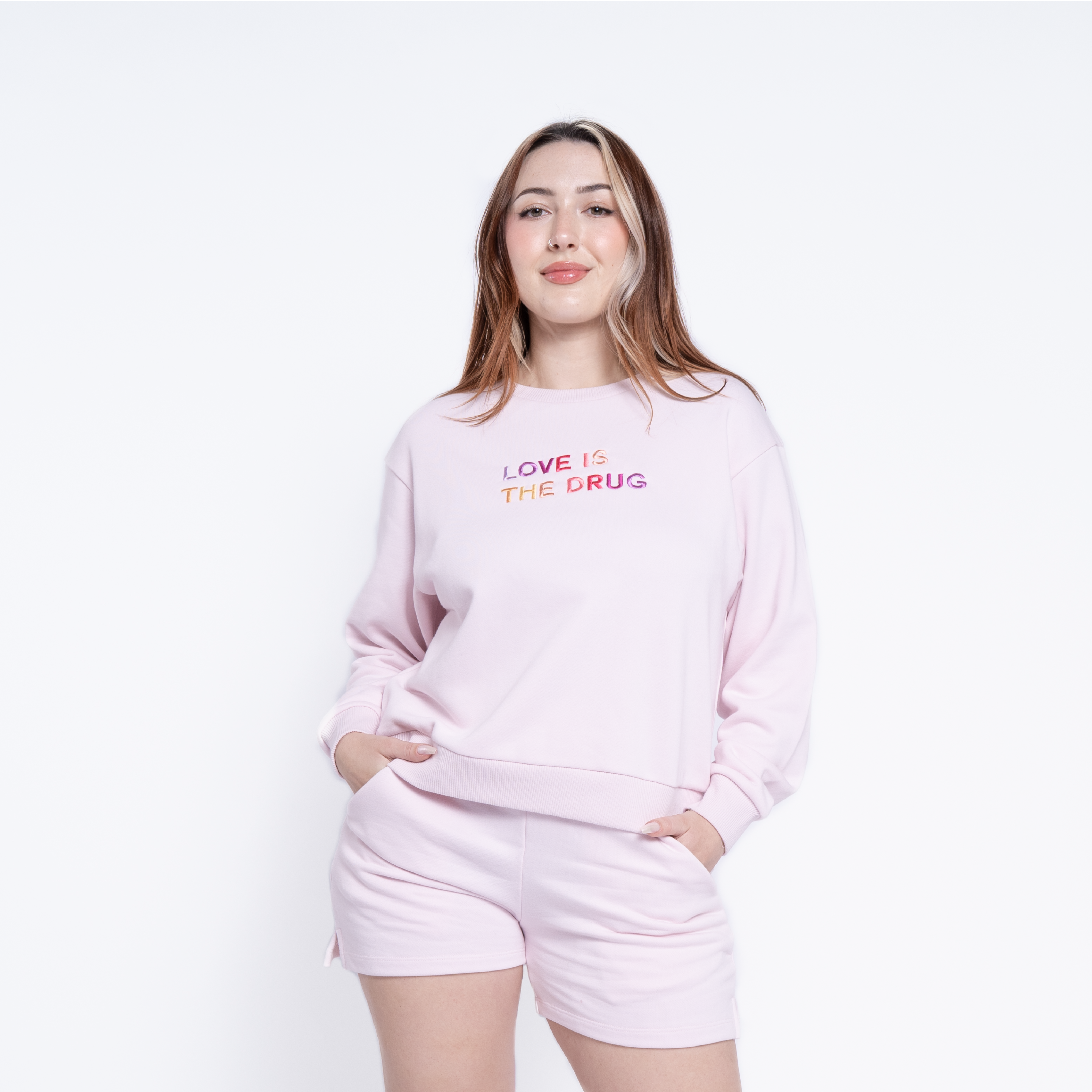 LOVE IS THE DRUG Polished French Terry Crew Pale Lavender <br/> Pink Shades image 2