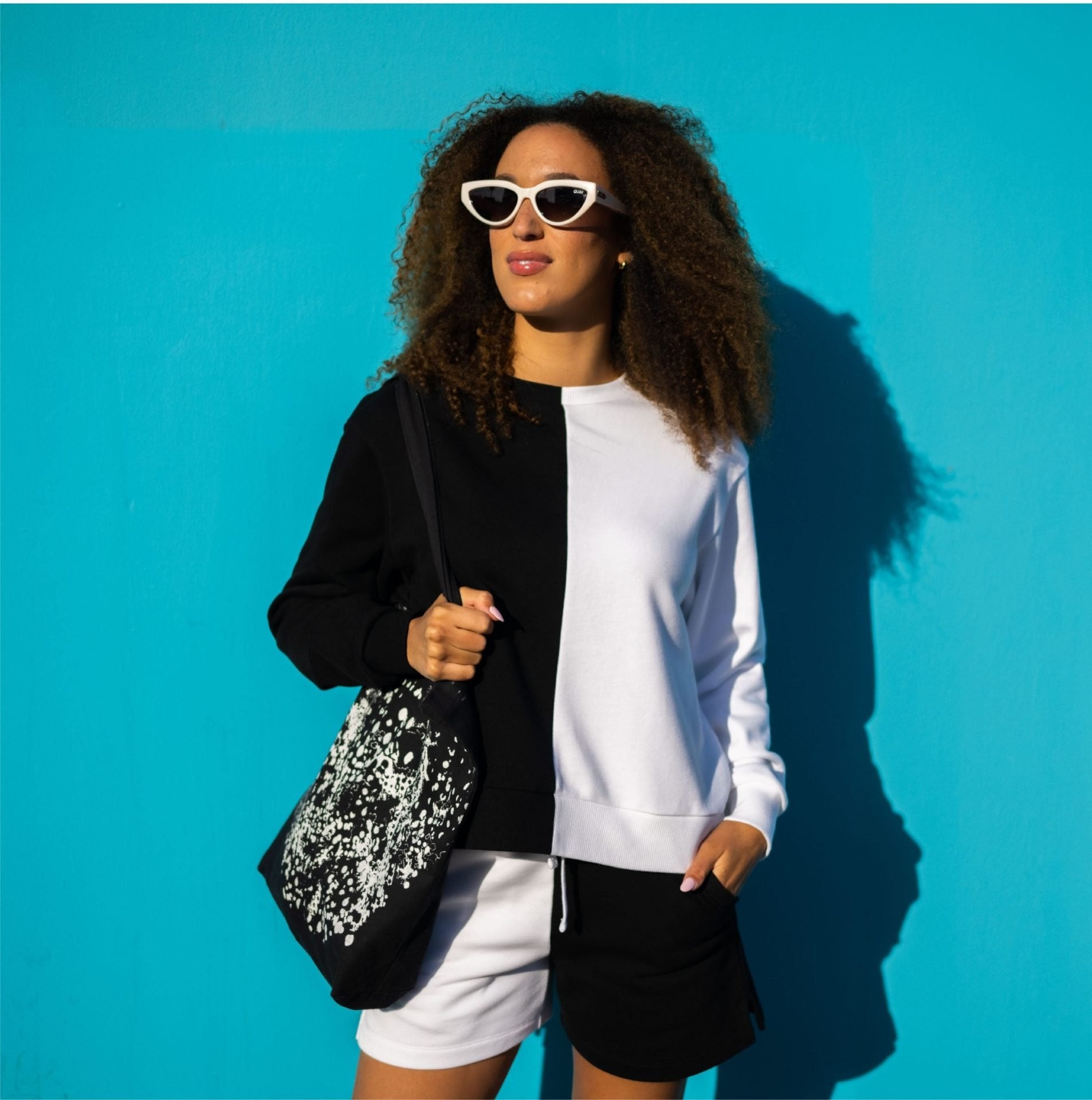 Colorblocked French Terry Shorts - Black & White image 3