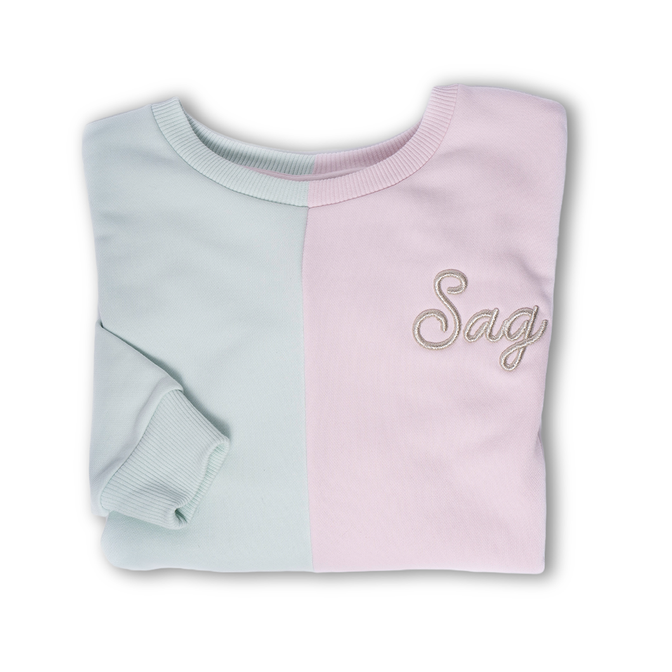Sag Script Color-Block Polished French Terry Crew Pale Lavender & Pale Mint image 1