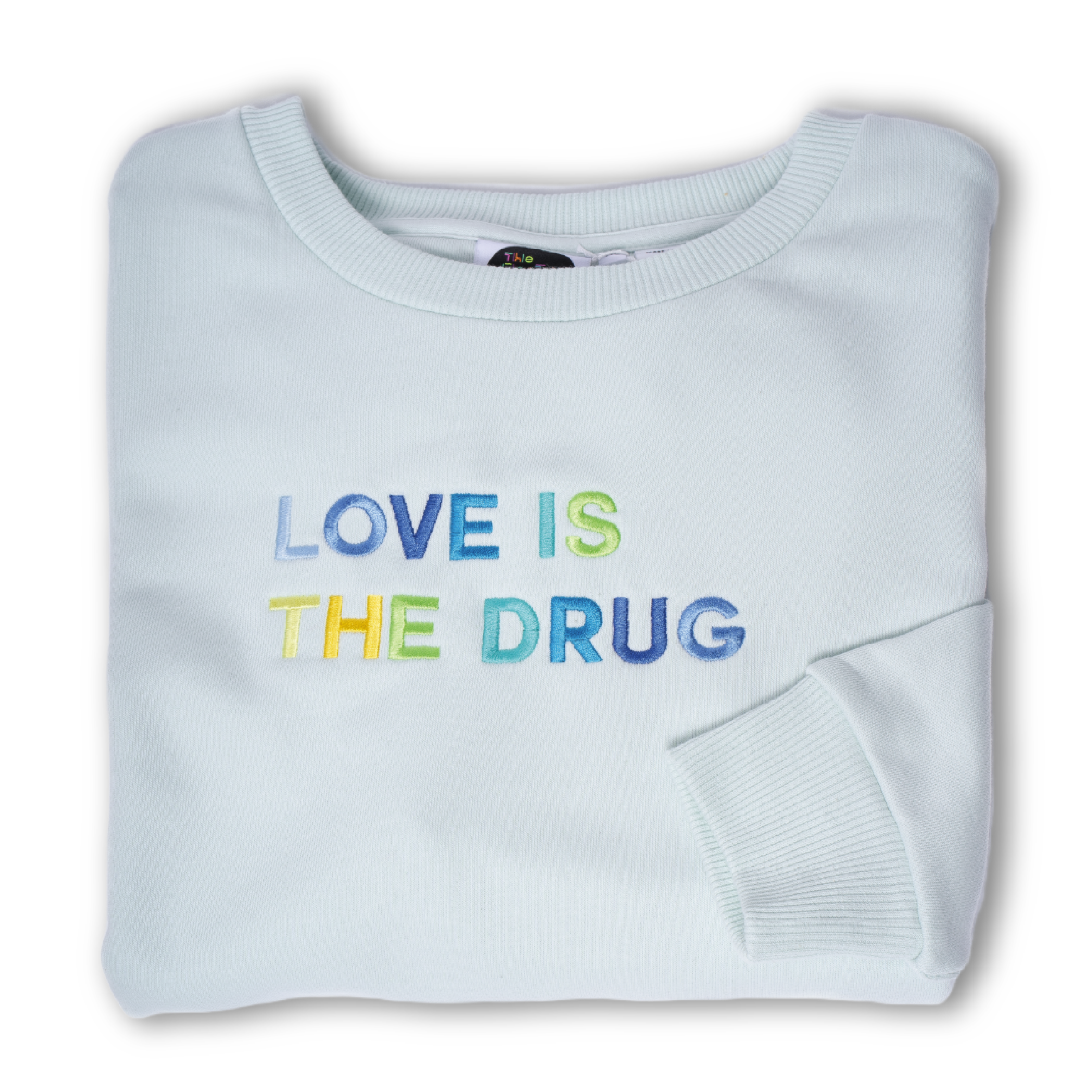 LOVE IS THE DRUG Polished French Terry Crew Pale Mint <br /> Blue Shades image 2
