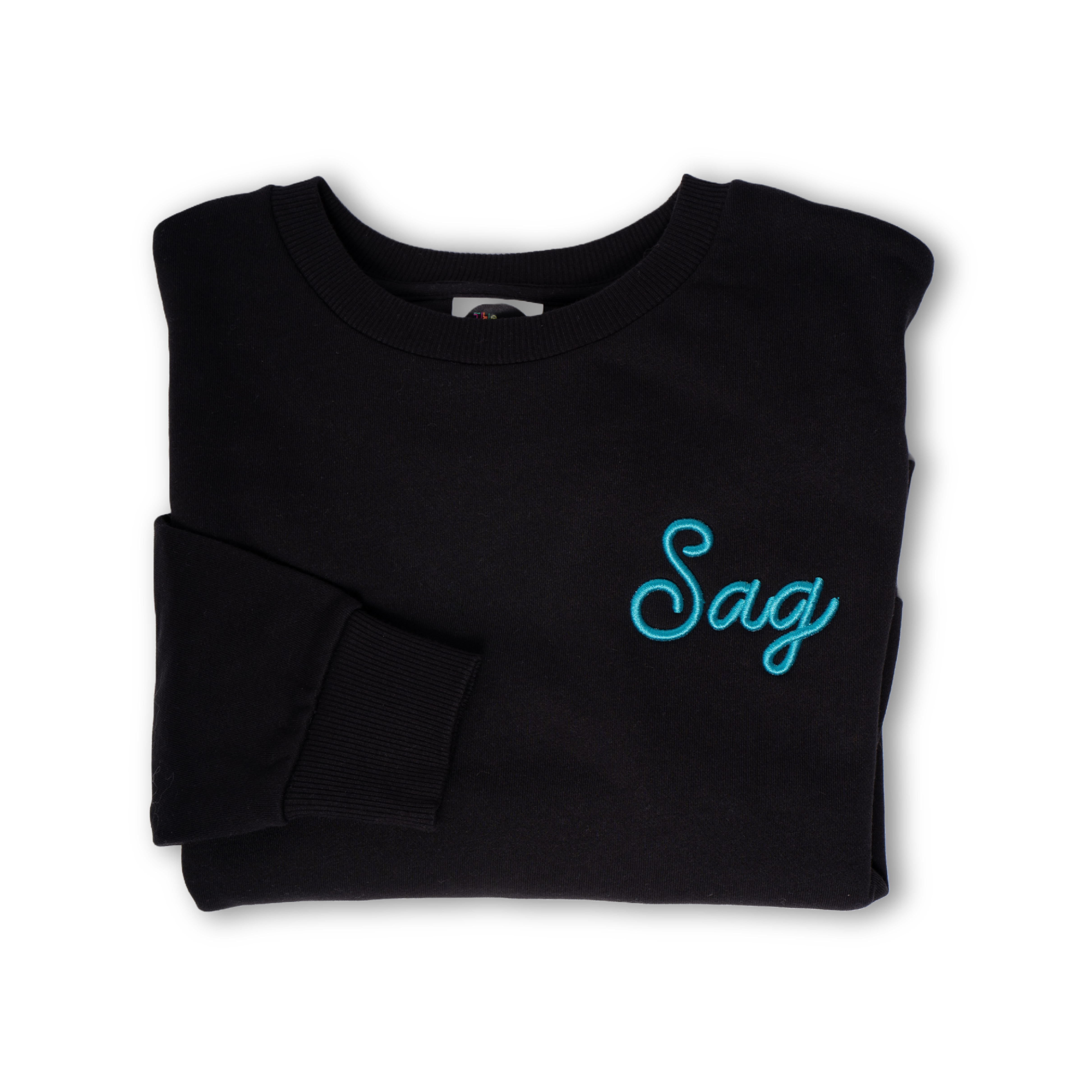 Sag Script Polished French Terry Crew Black Turquoise Embroidery image 1