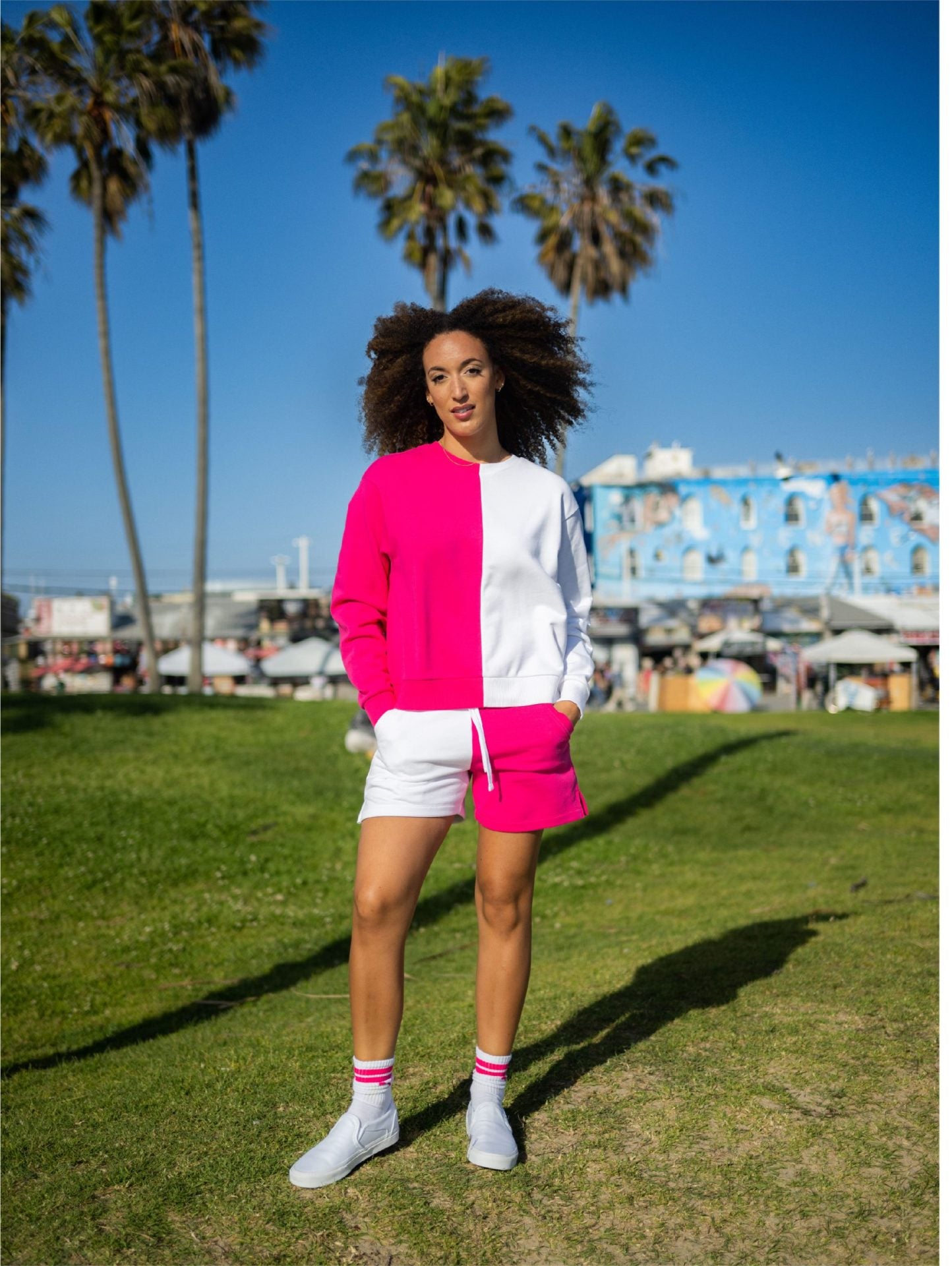 Colorblocked French Terry Shorts - Hot Pink & White image 3