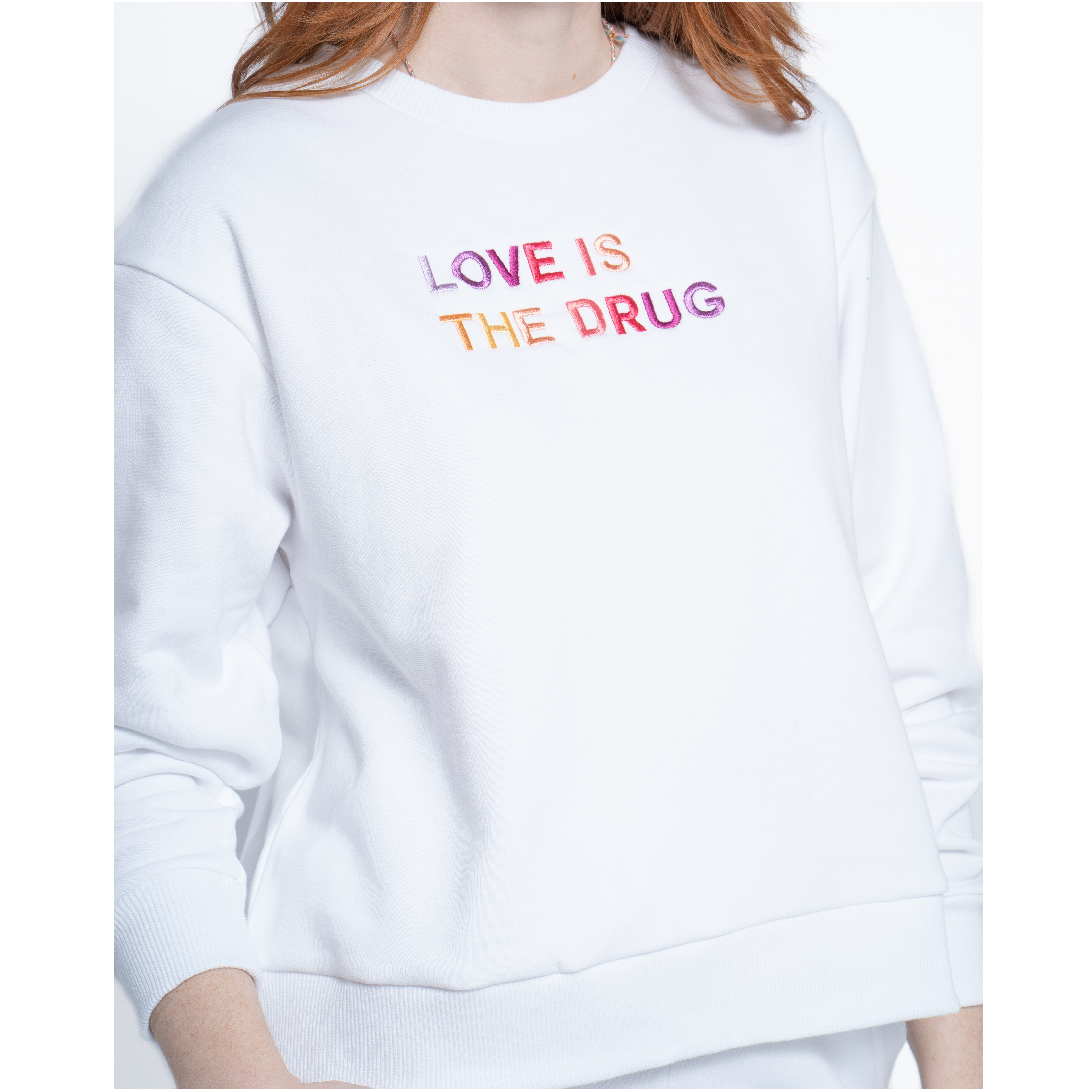 LOVE IS THE DRUG Polished French Terry Crew White <br/> Pink Shades image 2