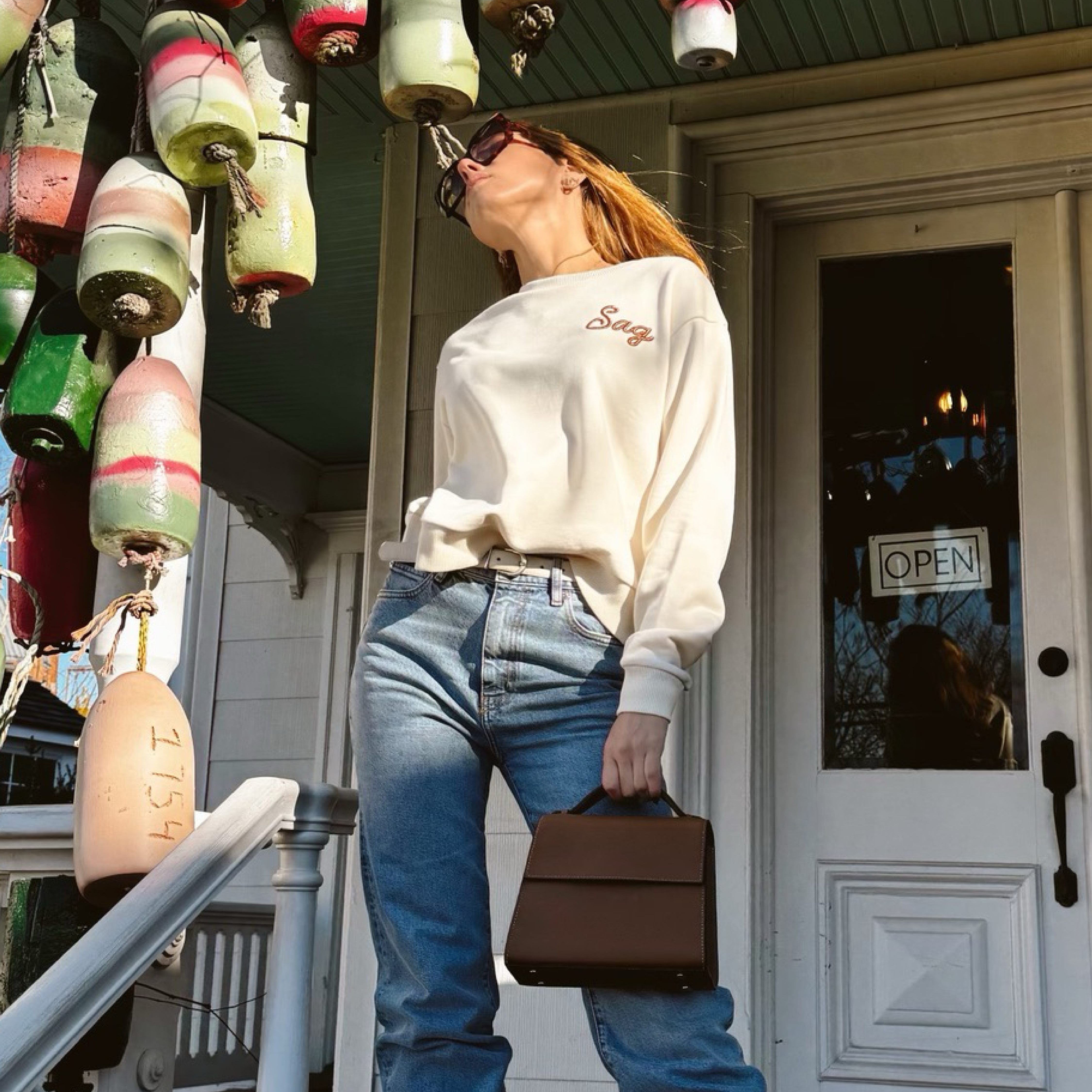 Sag Script Polished French Terry Crew White Sand Copper Embroidery image 1