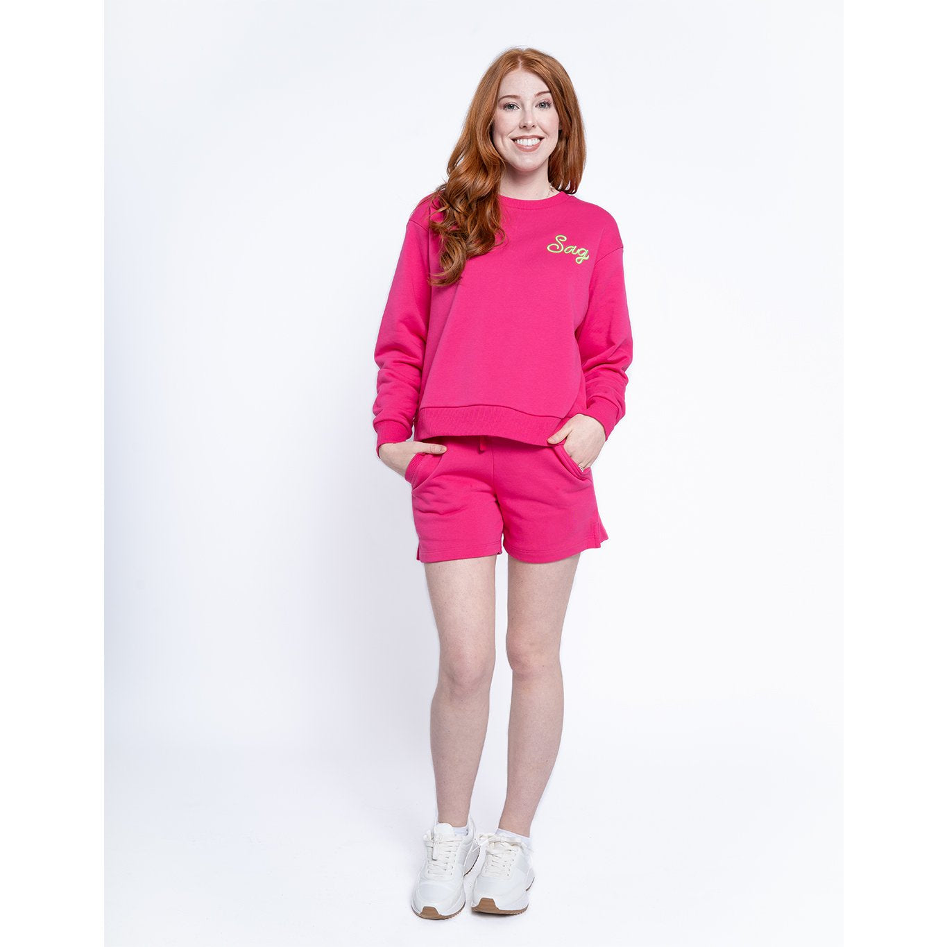 Sag Script Polished French Terry Crew Hot Pink Lime Embroidery image 2