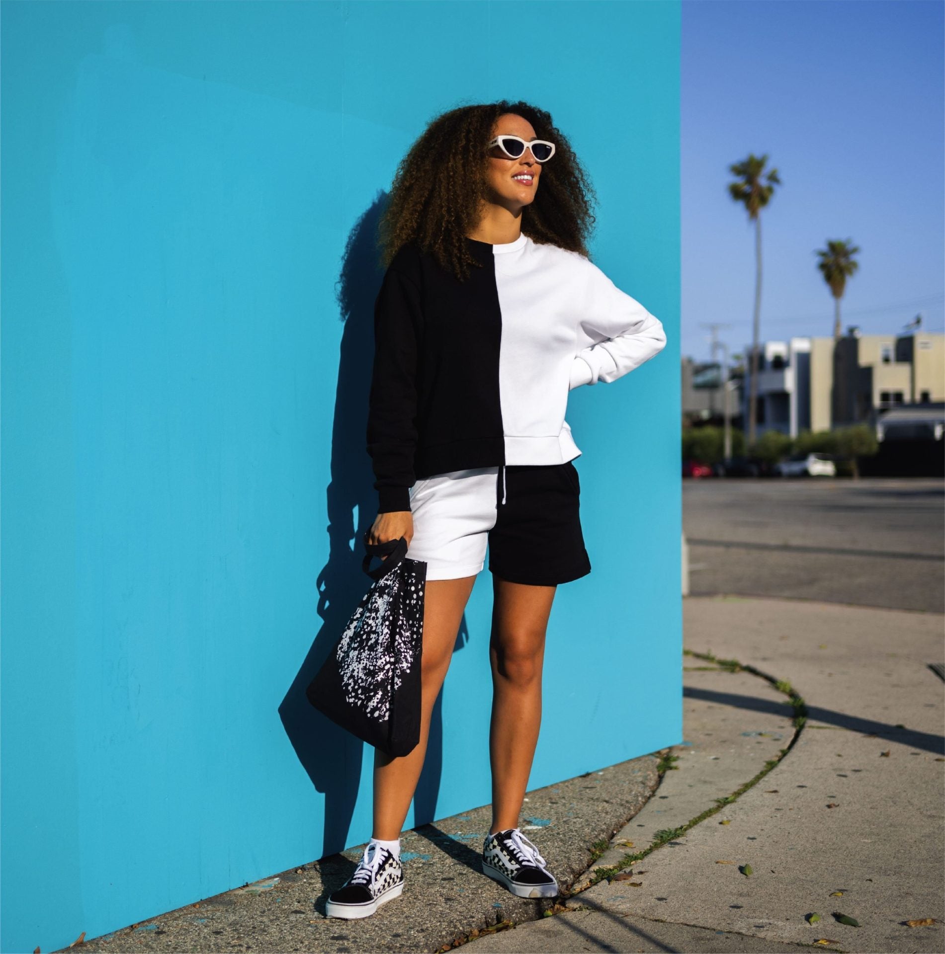 Colorblocked French Terry Shorts - Black & White image 1