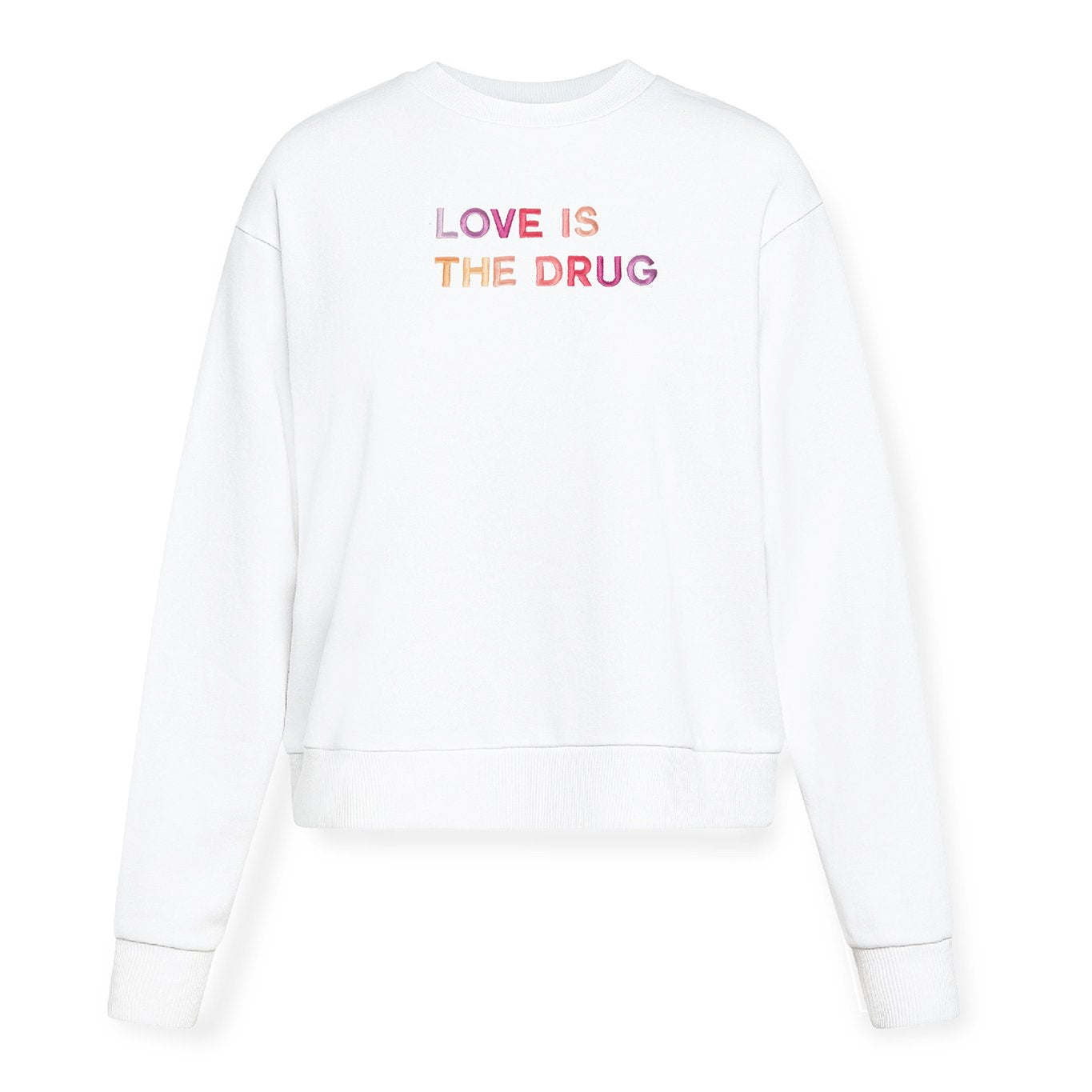 LOVE IS THE DRUG Polished French Terry Crew White <br/> Pink Shades image 0