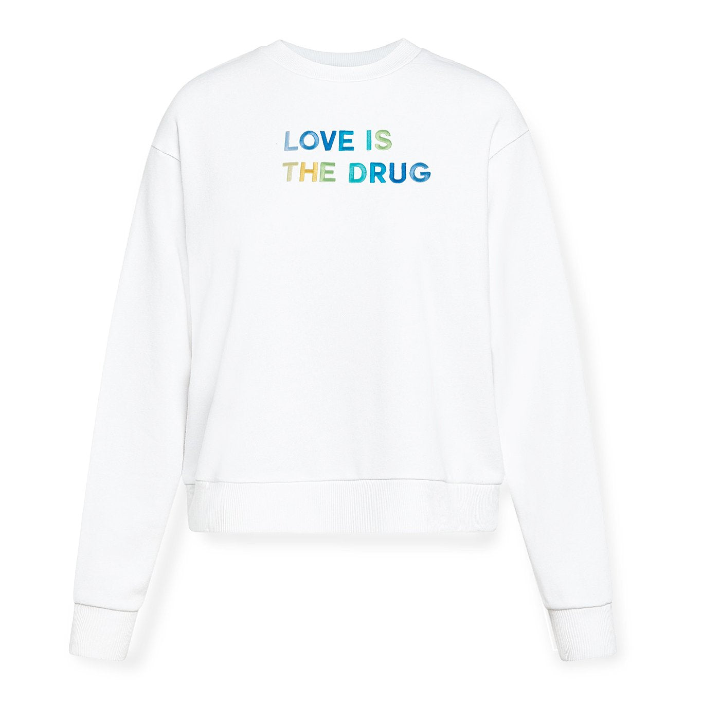 LOVE IS THE DRUG Polished French Terry Crew White <br /> Blue Shades image 0