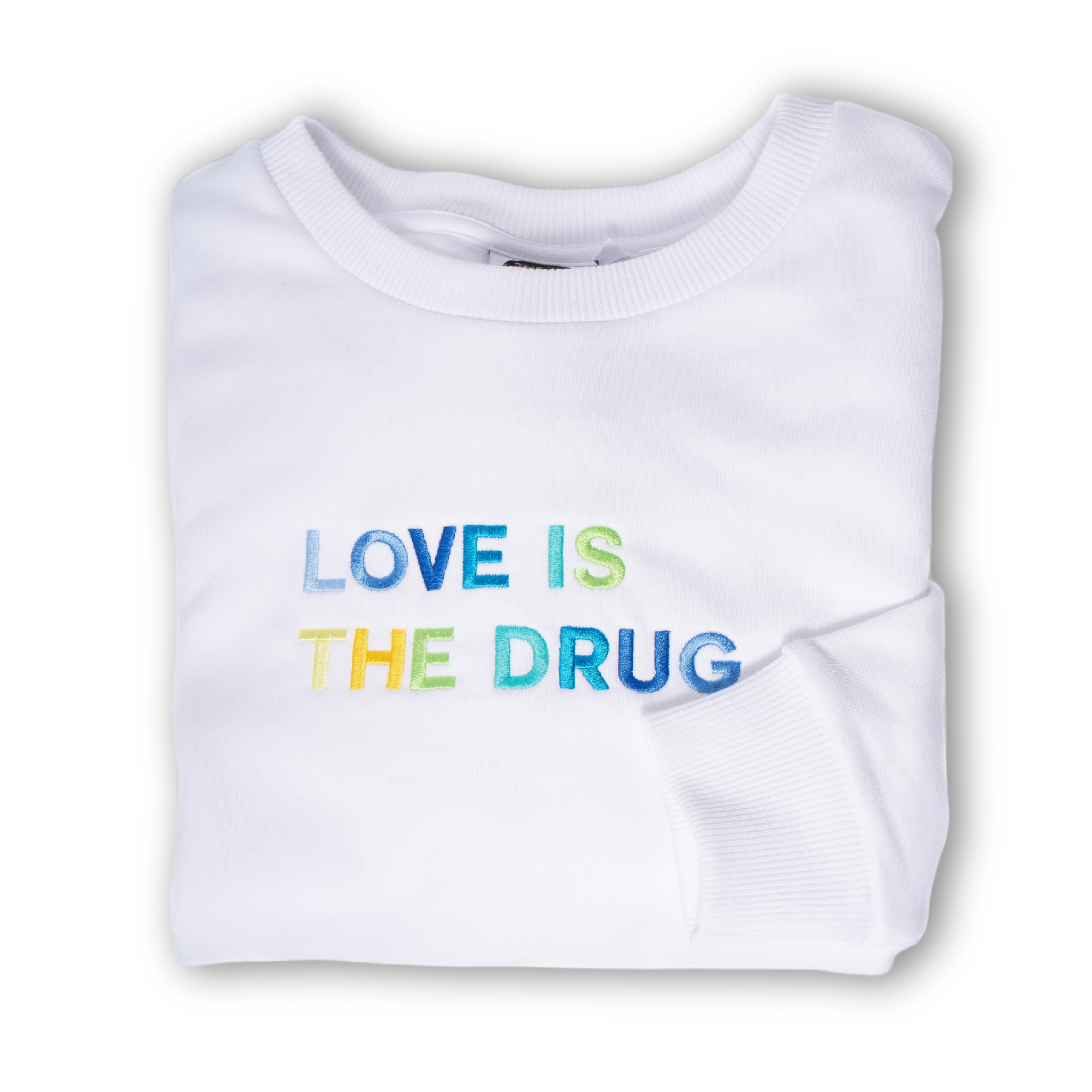 LOVE IS THE DRUG Polished French Terry Crew White <br /> Blue Shades image 1