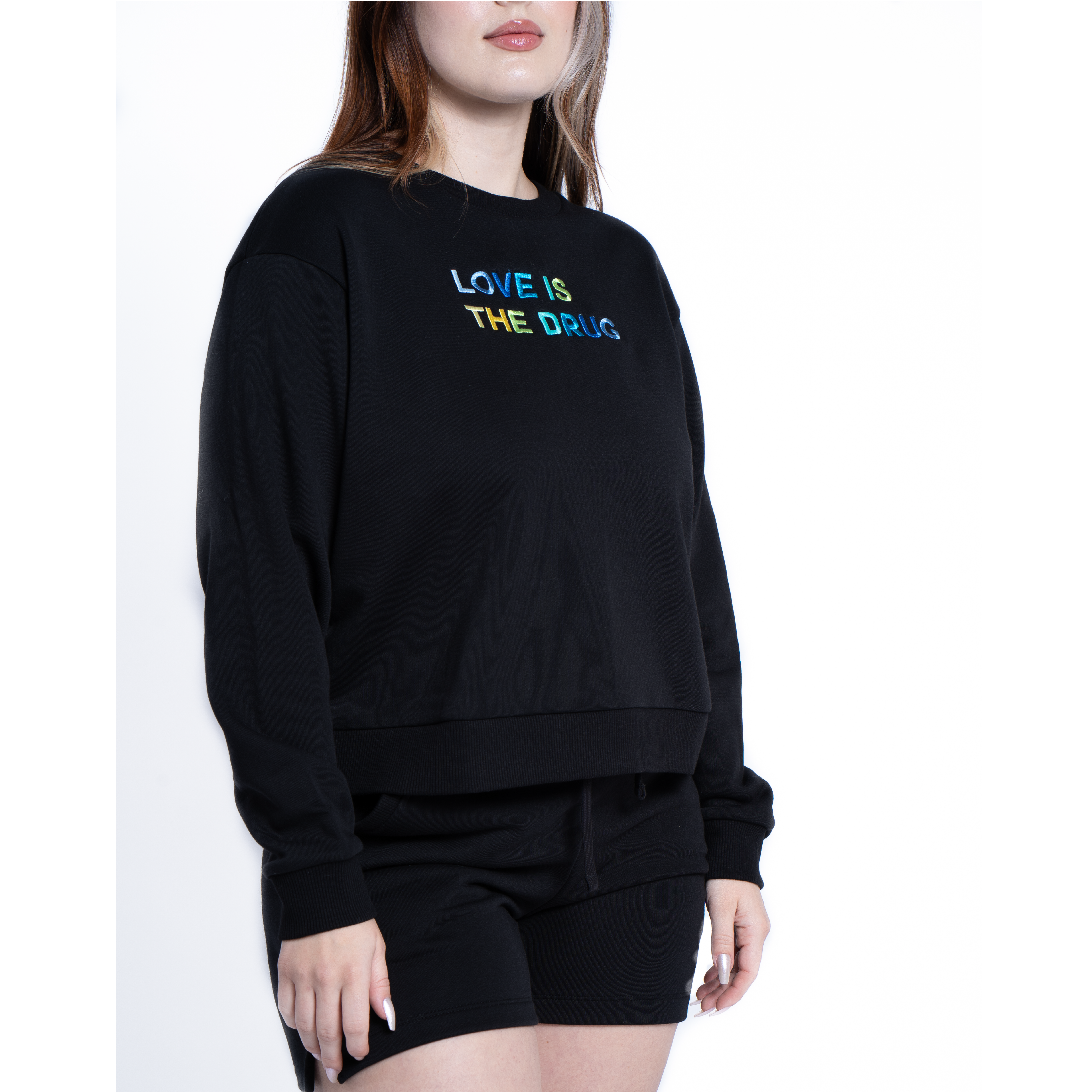LOVE IS THE DRUG Polished French Terry Crew Black <br/> Blue Shades image 2