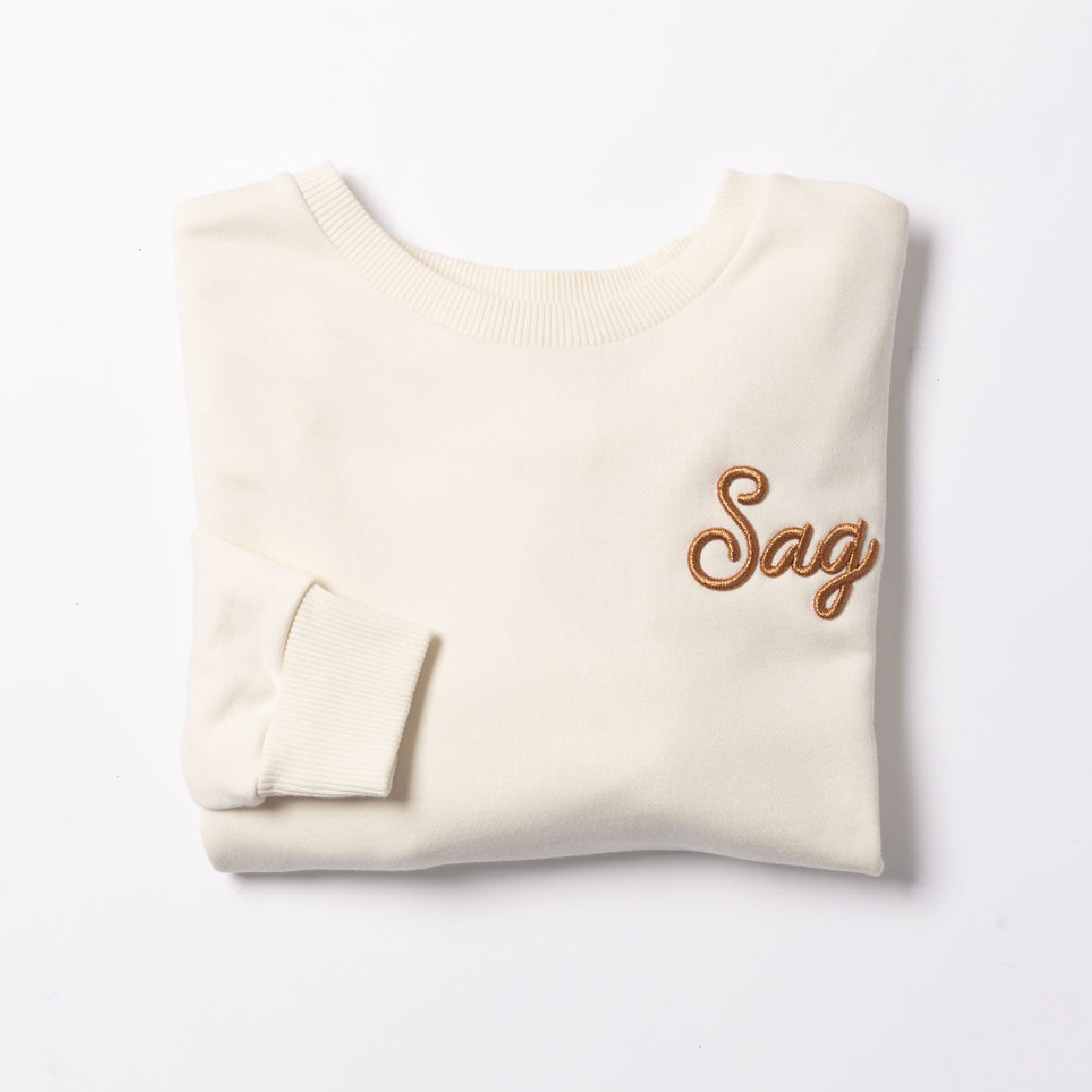 Sag Script Polished French Terry Crew White Sand Copper Embroidery image 0