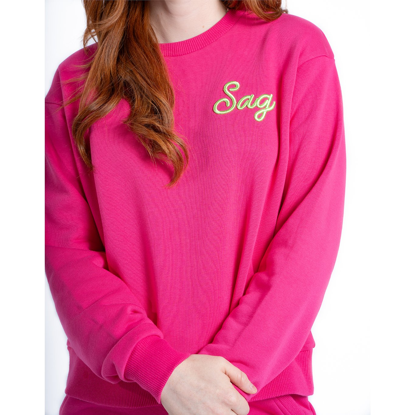 Sag Script Polished French Terry Crew Hot Pink Lime  Embroidery image 1