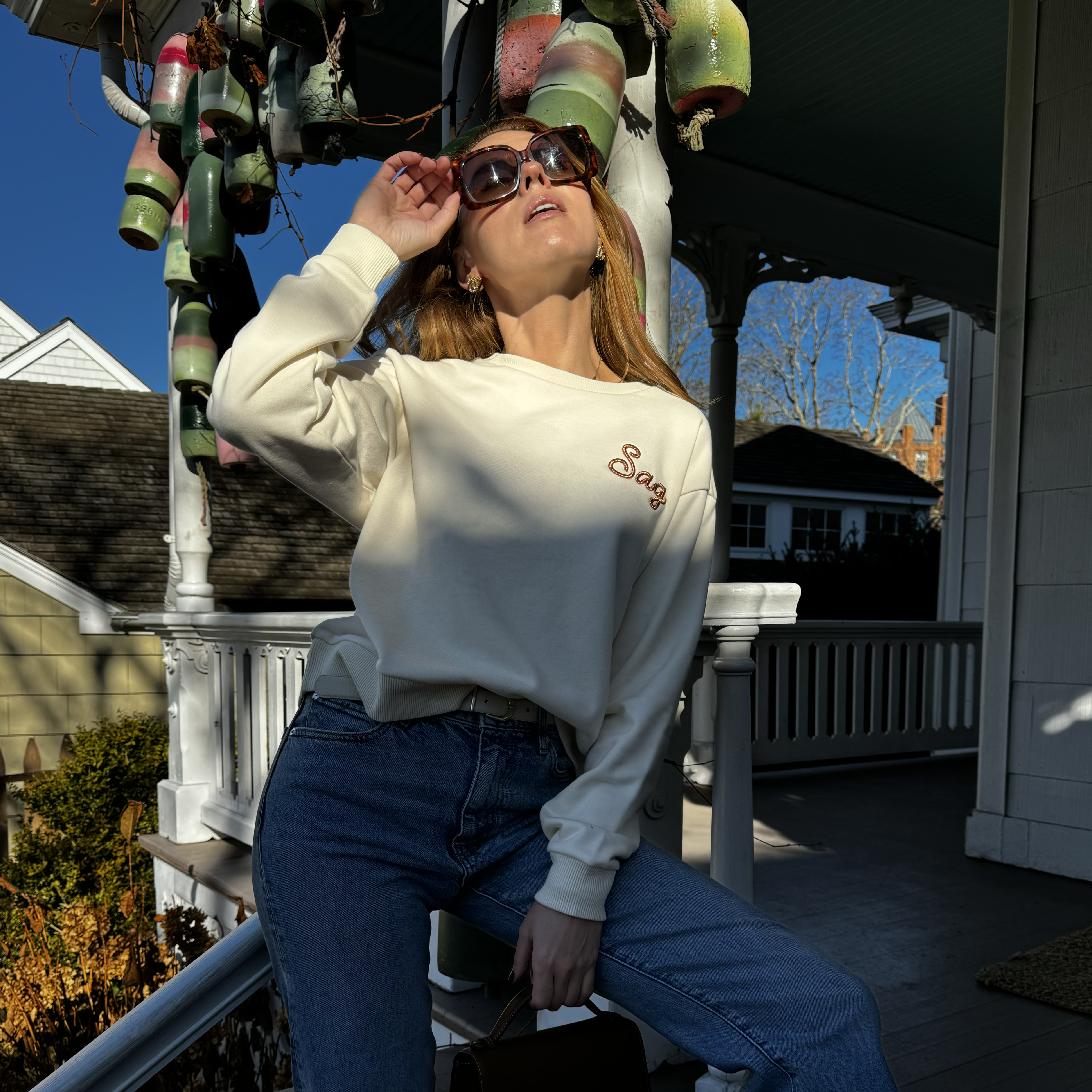 Sag Script Polished French Terry Crew White Sand Copper Embroidery image 2