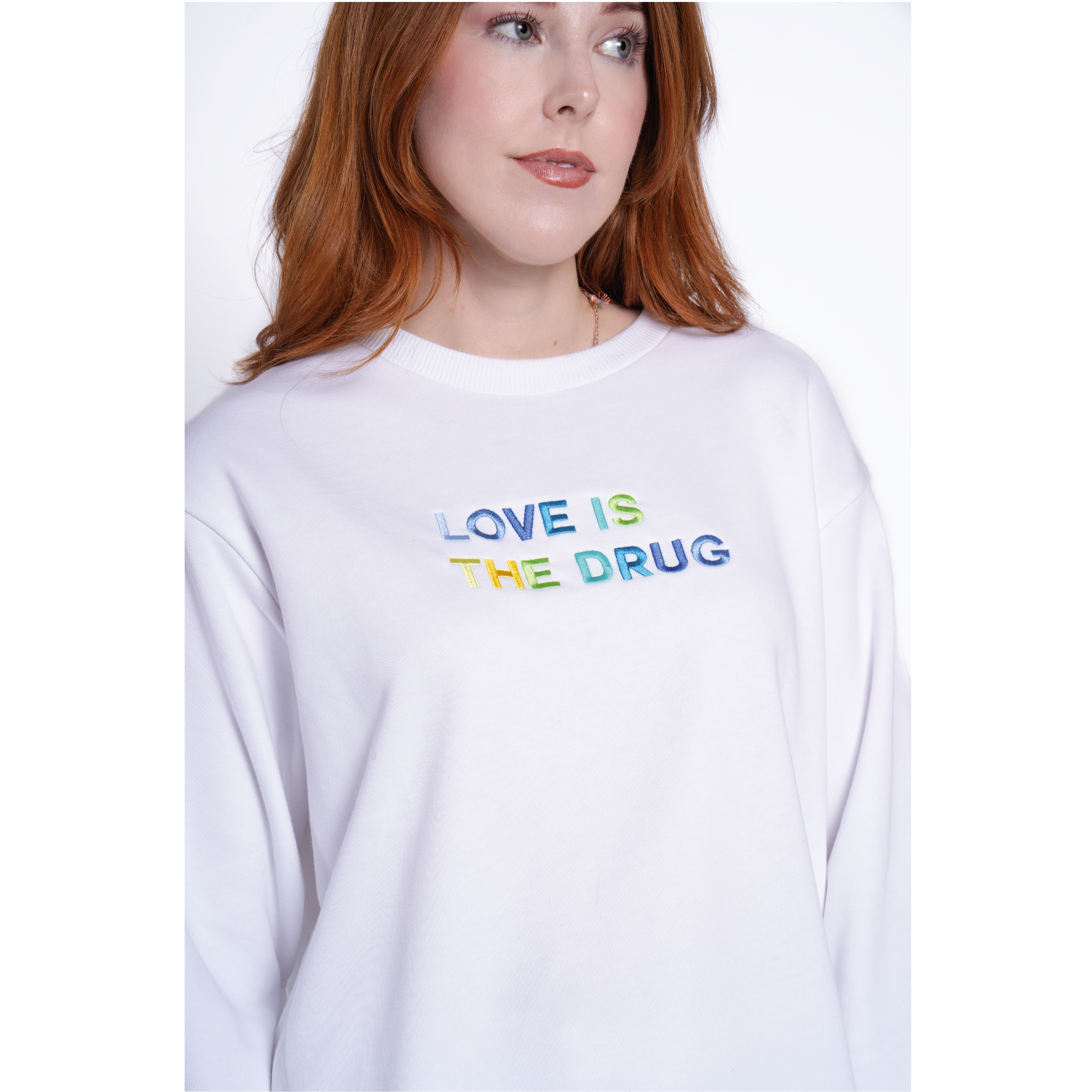 LOVE IS THE DRUG Polished French Terry Crew White <br /> Blue Shades image 2