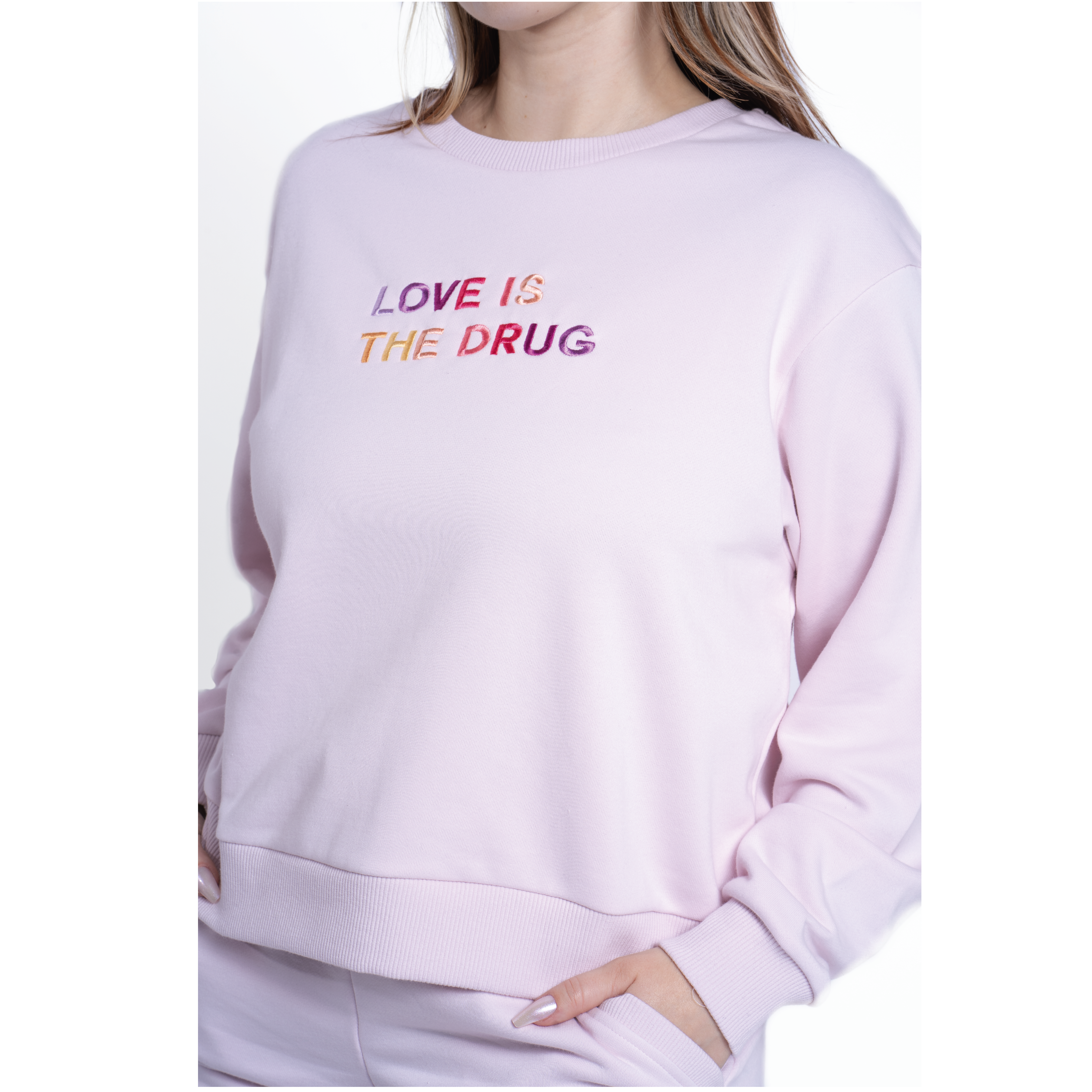 LOVE IS THE DRUG Polished French Terry Crew Pale Lavender <br/> Pink Shades image 3