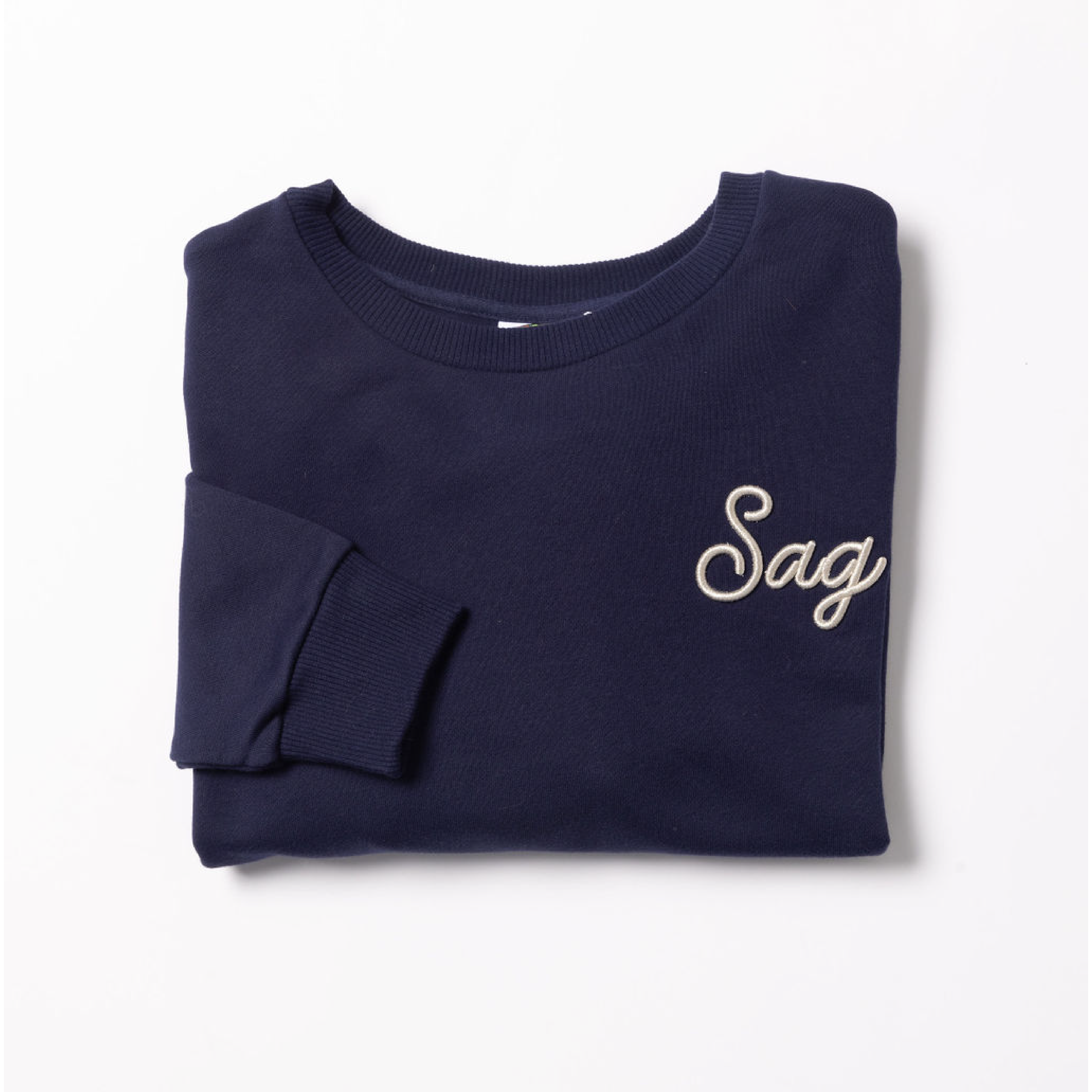 Sag Script Polished French Terry Crew Evening Blue Platinum Embroidery image 0