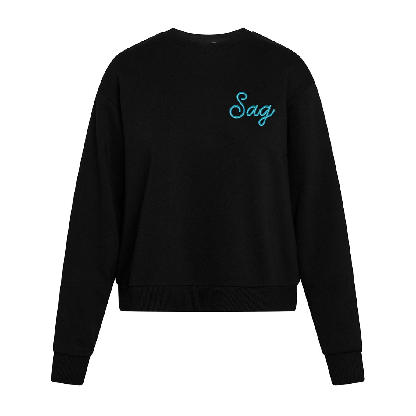 Sag Script Polished French Terry Crew Black Turquoise  Embroidery image 0